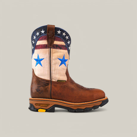 Check out the Aventajado Penac Composite Toe - E6282 boots, showcasing a brown leather foot with an American flag design on the shaft of blue stars and stripes. They feature a rugged sole and a red emblem on the front, ideal for any adventure.