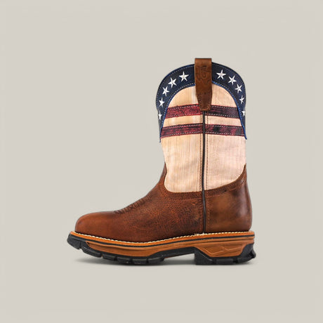 The Aventajado Penac Composite Toe - E6282 is a single cowboy boot featuring a brown leather foot and a shaft with a patriotic design. With its rugged sole, its ideal for outdoor use, embodying durable footwear. Displayed against a plain background, this Texas Country Work Boot truly impresses.