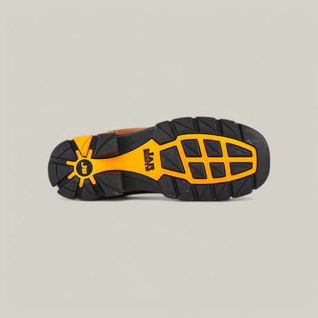 The image shows the sole of the Amazonas Honey Soft Toe - E6259, featuring a rugged, non-slip black and orange tread with a yellow logo by the heel, suggesting durability akin to Texas Country Work Boots.