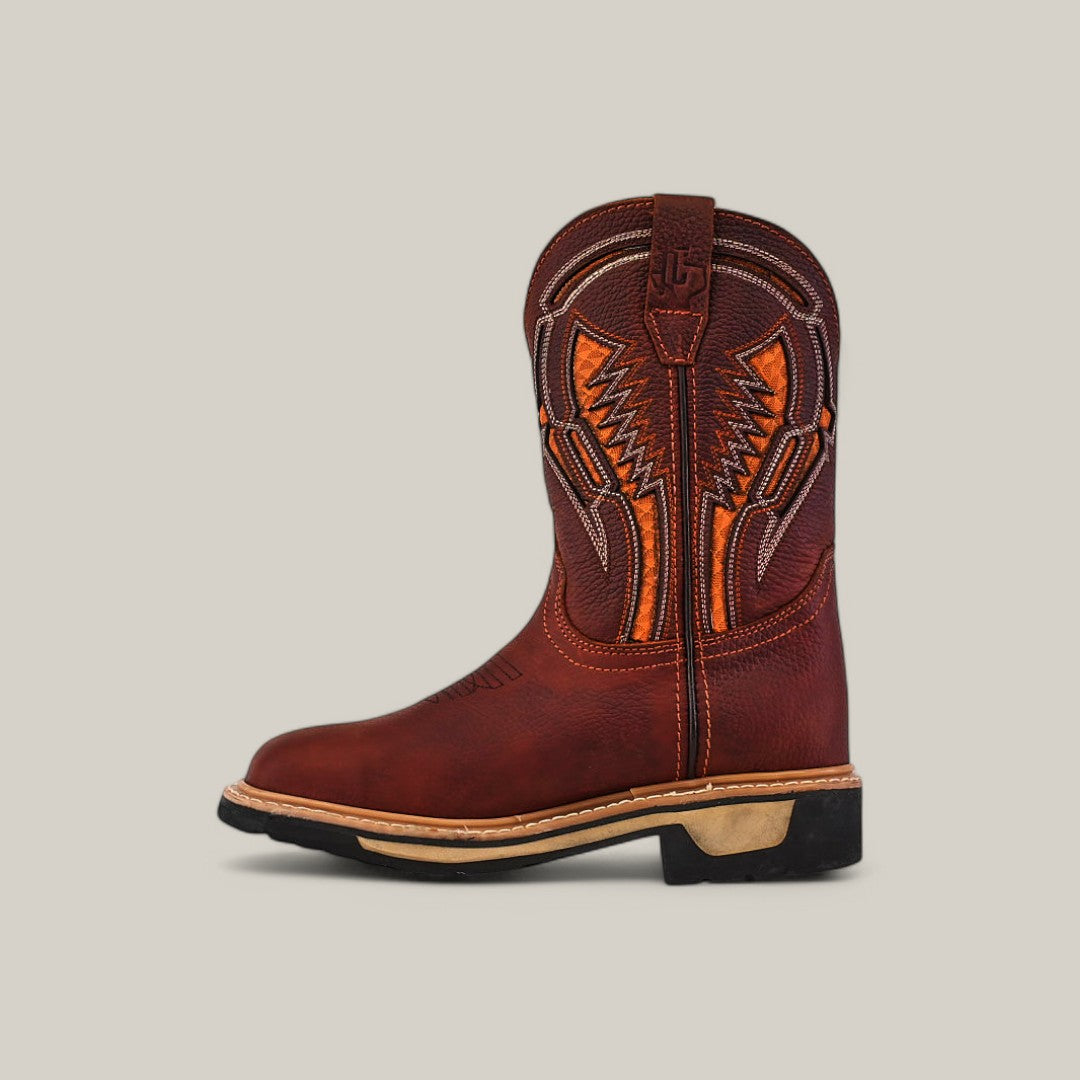 Side view of a single Floter Shedron Composite Toe (E6987) cowboy boot, showcasing brown leather with intricate orange stitching, a thick sole, and pull tab at the top against a neutral background.