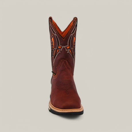 Front view of the Floter Shedron Composite Toe - E6987 Work Boot in brown, featuring decorative orange and white stitching on the upper shaft. It’s known for its durability with a thick sole and rounded toe, shown against a plain light gray background.