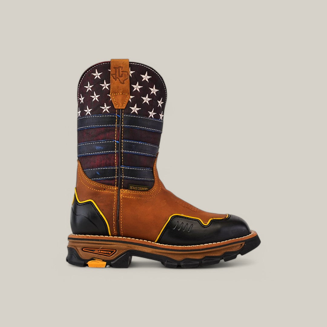 Introducing the Crazy Honey Composite Toe - E6296: Durable cowboy boots with a brown leather foot, dark shaft adorned with white stars and blue stripes, rugged sole, waterproof features, yellow accents, and Texas flag elements.