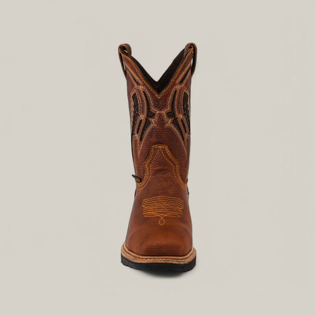 The Floter Honey Soft Toe - E6987 is a Texas Country Work Boot with intricate stitching and textured surface. It features a pointed toe, high shaft, and pull straps on either side, ideal for rugged adventures. Displayed facing forward on a neutral background.