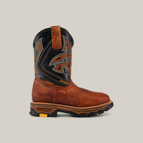 The Amazonas Honey Soft Toe - E6002 is a single cowboy boot featuring brown leather with a black upper, orange and black stitching, a durable rugged sole, and intricate details, set against a plain light gray background.