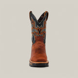 The Amazonas Honey Soft Toe - E6002 cowboy boot is showcased against a plain background, highlighting the durability Texas Country Work Boots are known for. It features a brown design with intricate orange and dark blue stitching on the shaft, pointed toe, and sturdy construction.