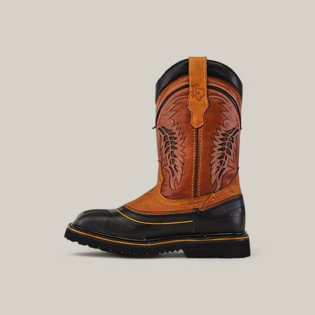 The Crazy Honey Composite Toe - E6048 boots feature brown and black leather with decorative leaf stitching on the sides, a durable rubber sole, and are presented against a plain background.