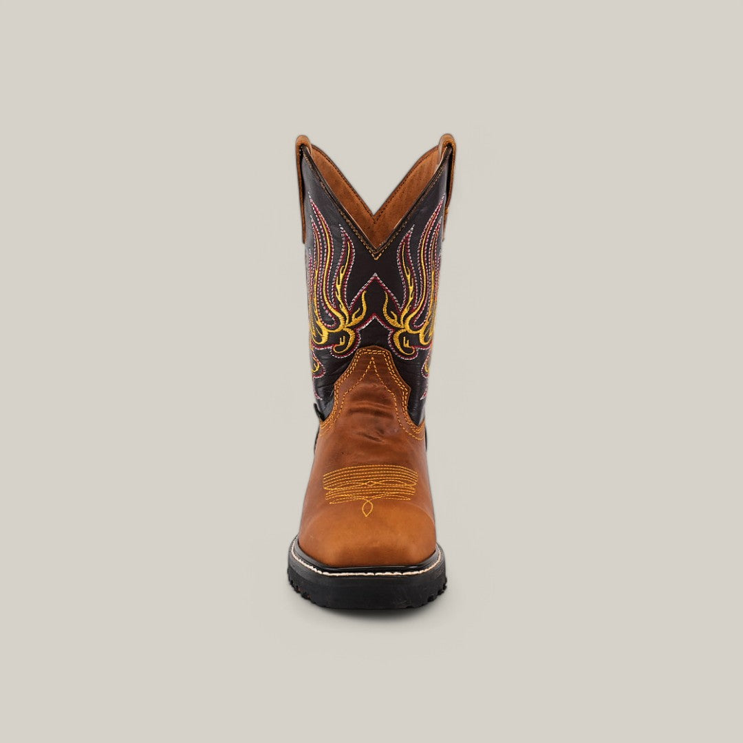 The Golden Ateus Composite Toe - E6016 is a brown cowboy boot adorned with yellow and red decorative stitching on its black upper, capturing the rugged allure of Texas Country Work Boots, displayed front-facing on a plain beige background.