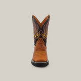 The Golden Ateus Composite Toe - E6016 is a brown cowboy boot adorned with yellow and red decorative stitching on its black upper, capturing the rugged allure of Texas Country Work Boots, displayed front-facing on a plain beige background.