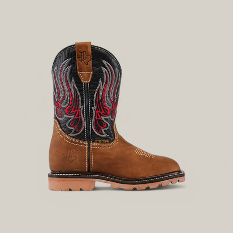 The Crazy Tang Composite Toe - E6015 boot features a black upper with red and gray flame-like embroidery on brown leather. Known for Texas Country Work Boots durability, it has contrasting stitching, a rubber sole, and is waterproof against a light gray background.