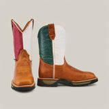 The Rino Honey Composite Toe - E6077 features brown leather bottoms with contrasting tops: one boot with red and white sections, the other green and white. With decorative stitching, rugged soles, these boots offer durability and comfort for all your adventures.