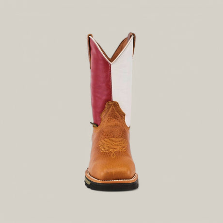 Front view of the Rino Honey Composite Toe - E6077 boot featuring a brown leather foot and a red and white shaft with decorative stitching. The boot ensures durability and comfort with its black sole, all set against a plain beige background.