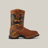 The Crazy Brown Military Composite Toe - E6017 boots blend Texas Country charm and rugged elegance with their brown leather finish, camouflage pattern shaft, pull strap logo, sturdy black sole, and waterproof durability. Set against a light beige background, they promise both style and resilience.