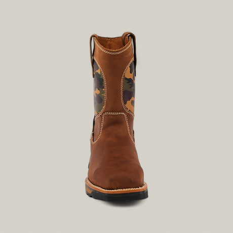 Front view of the Crazy Brown Military Composite Toe - E6017 boot, featuring camo fabric insets, detailed stitching, pull straps on each side, and a robust rubber sole against a plain light gray background.