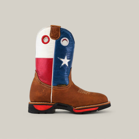 Explore the Texas Honey Composite Toe - E6082 boots, showcasing Lone Star pride with a Texas flag design featuring a white star on blue. These durable, waterproof boots are accented in red on the sole and pull straps, blending style and performance for any rugged adventure.