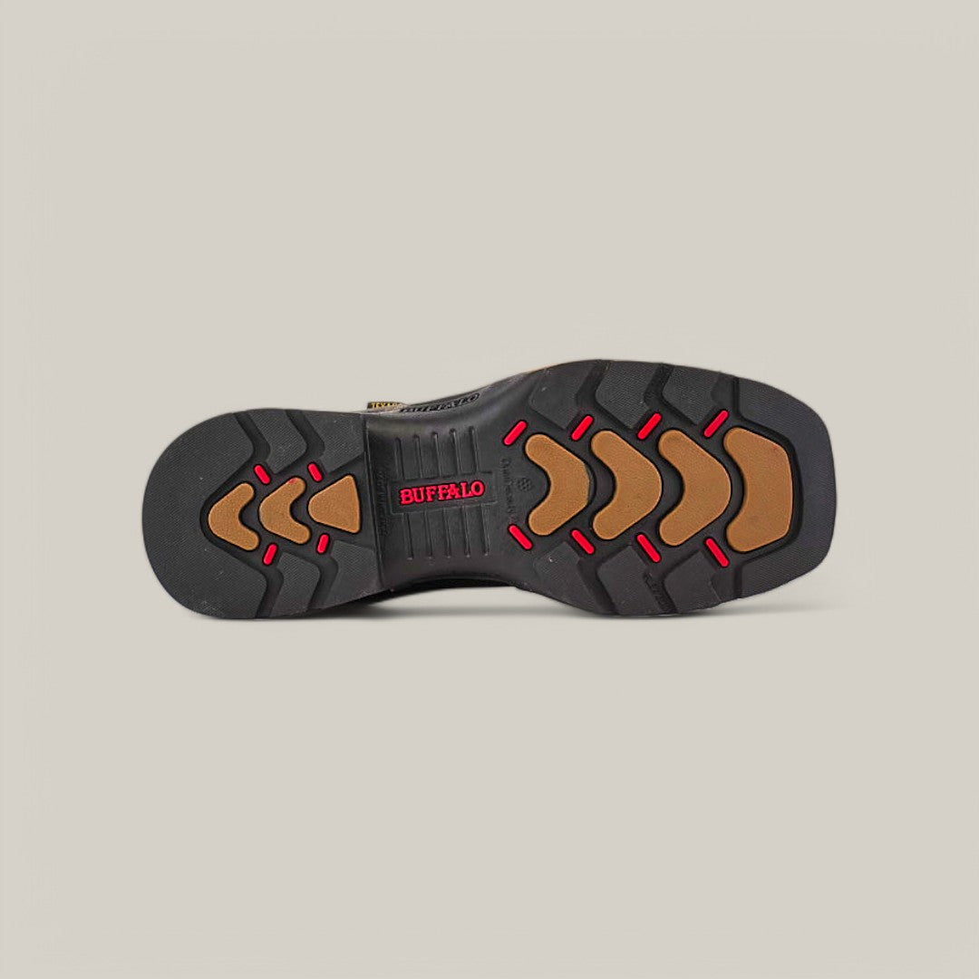 The durable black rubber sole of the Rhino Black Soft Toe - E6087 shoe displays a red BUFFALO logo at its center. Featuring red and brown triangular and chevron-shaped traction patterns for excellent grip, it hints at Texas Country Work Boots comfort on a light gray background.