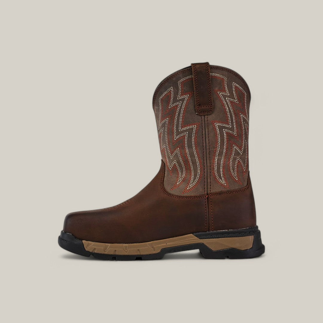 The Ariat Rebar Flex Western Brown (Composite Toe, 10053616), with decorative white and red stitching on the shaft and a thick black and tan sole, is showcased on a plain gray background highlighting its side profile.