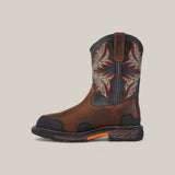 The Overdrive Brown Wide - Square Toe (10053644) by Ariat boasts intricate orange and white stitching on a dark shaft, combining ruggedness with style. Its rounded toe and sturdy sole with black accents enhance the boots robust charm.