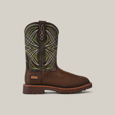 The Activator H2o Drk Brown (10060892) cowboy boot features green and white stitching on the shaft, a tan sole, and a branded logo patch near the heel. Designed for style and durability, its waterproof technology ensures dry comfort. Displayed against a plain background, it faces left.