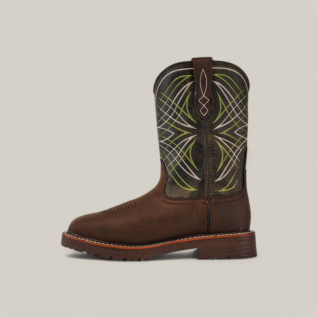 The Activator H2o Drk Brown - Soft Toe, item 10060892, is a cowboy boot featuring decorative green and white stitching on the brown leather shaft, a dark welt, and a sturdy rubber sole. It boasts waterproof technology and is shown from the left side against a gray background.