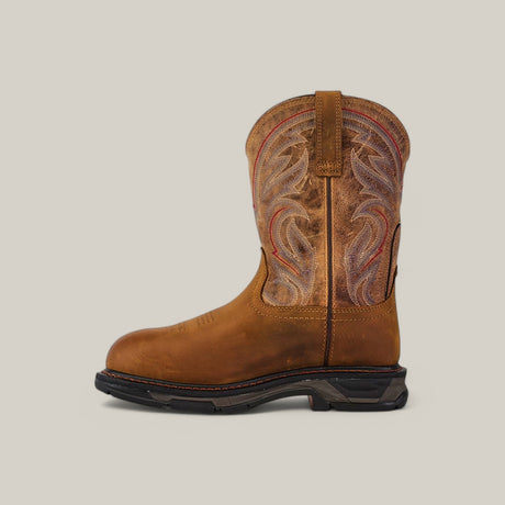 The Workhog Xt H2O Brown - Composite Toe (10045435) cowboy boot features intricate red and white stitching on the shaft, a black sole with a sturdy heel, and is showcased against a light beige background.