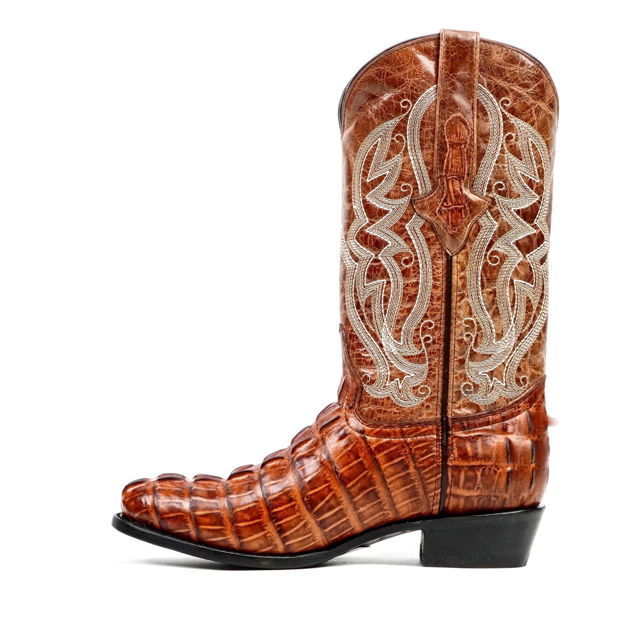 Crocodile Tail Cognac Boots - Embossed Leather - Round Toe (E437 Crocodile Tail Cognac Boots - Embossed Leather - Round Toe (E437