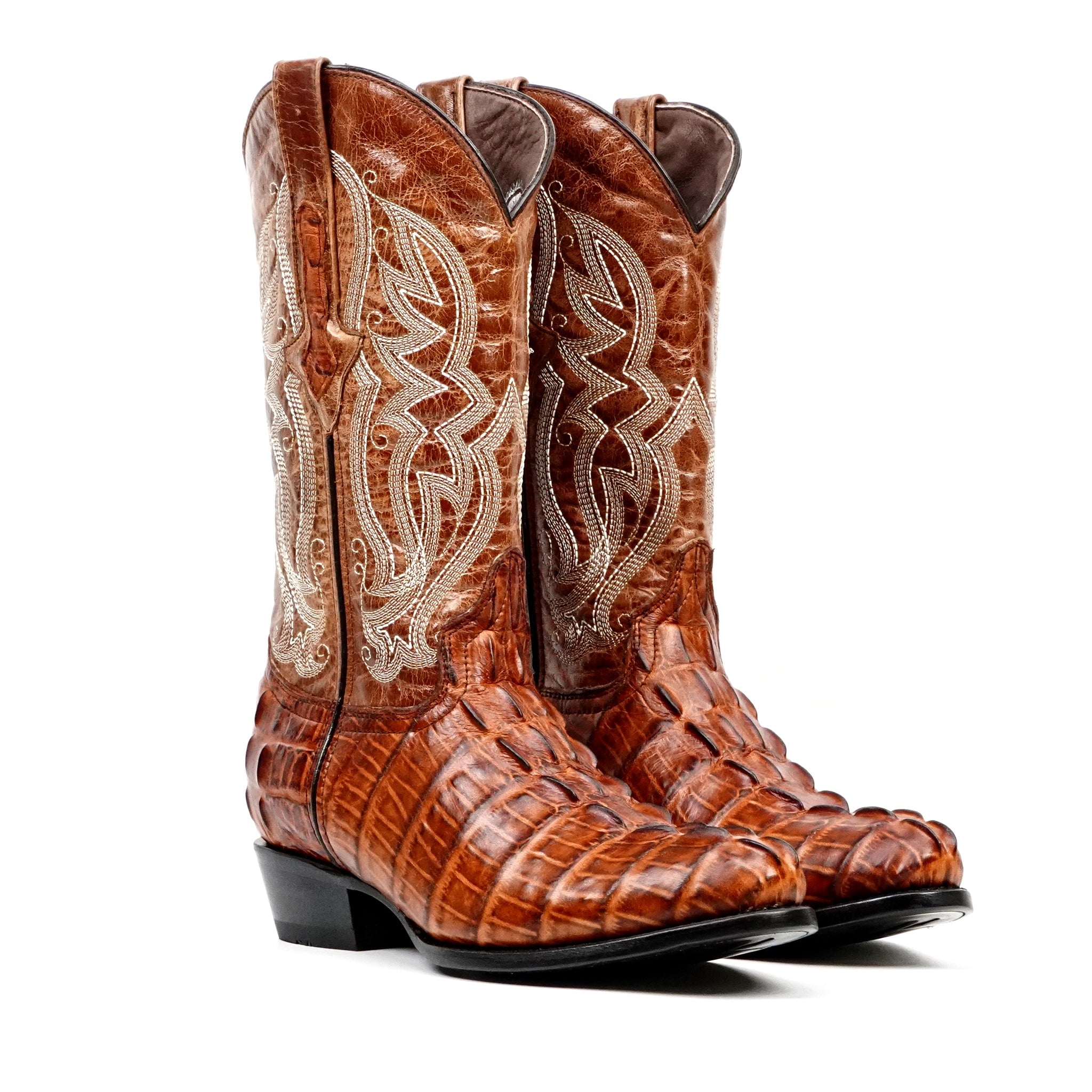 Crocodile Tail Cognac Boots - Embossed Leather - Round Toe (E437