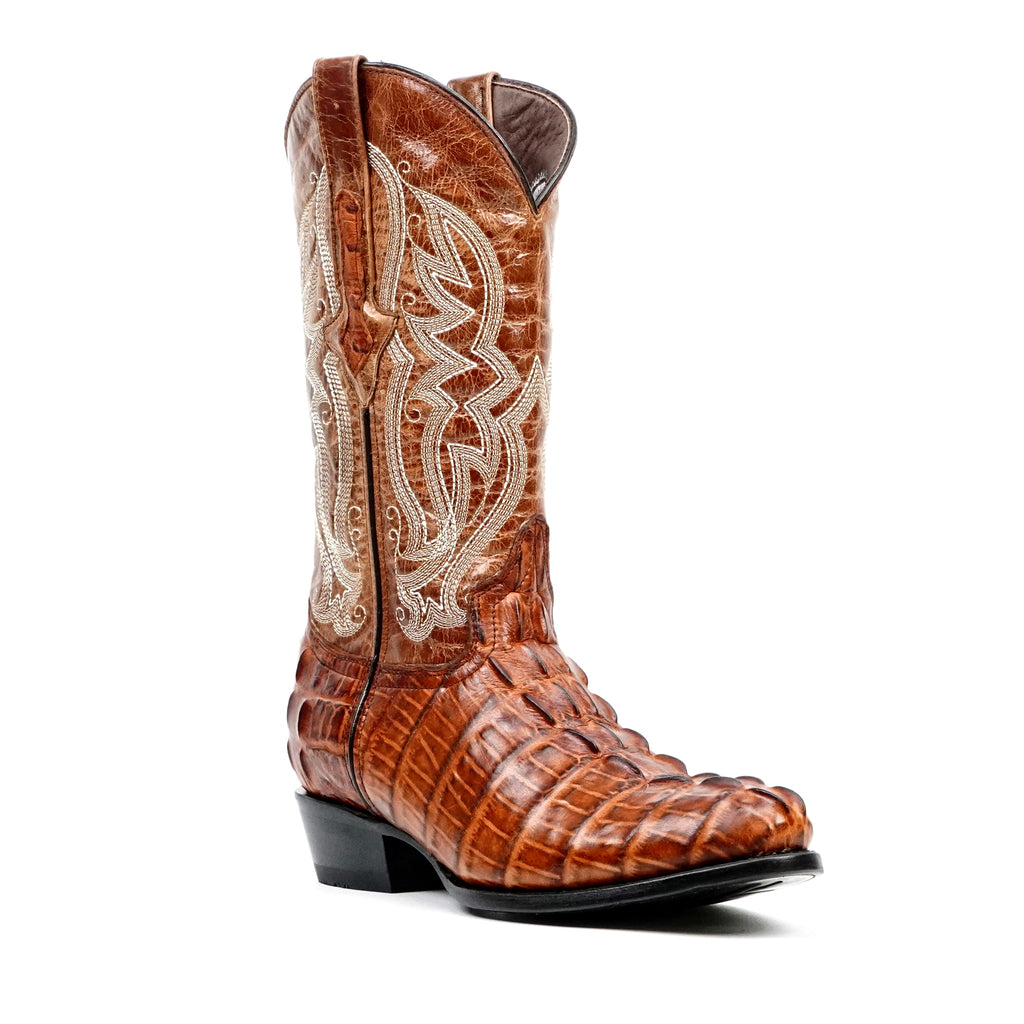 Crocodile Tail Cognac Boots - Embossed Leather - Round Toe (E437) - Gomez Western Wear