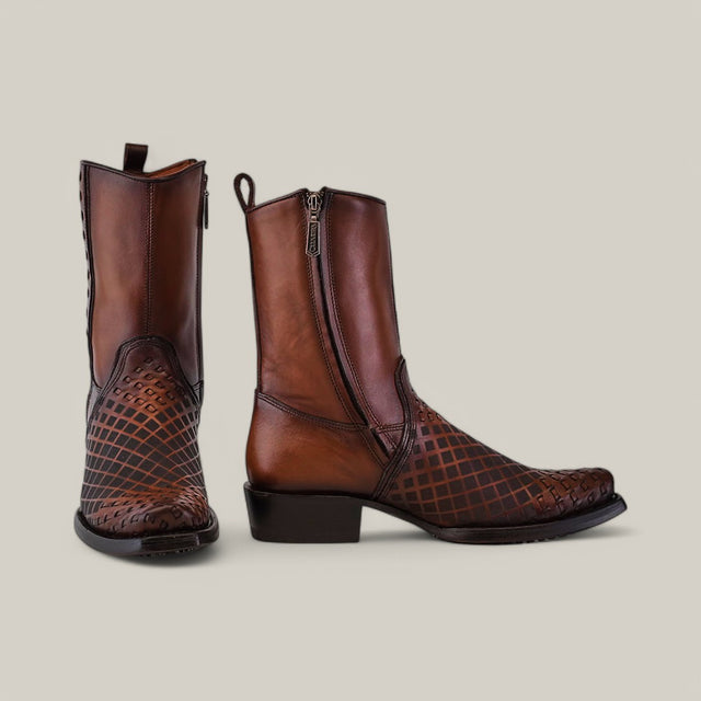 The Over Maple Laser & Woven - Narrow Square Toe - CU674 boasts a brown leather design with a laser-etched diamond pattern on the toe and sides, complemented by a side zipper and low heel, set against a plain light gray background.