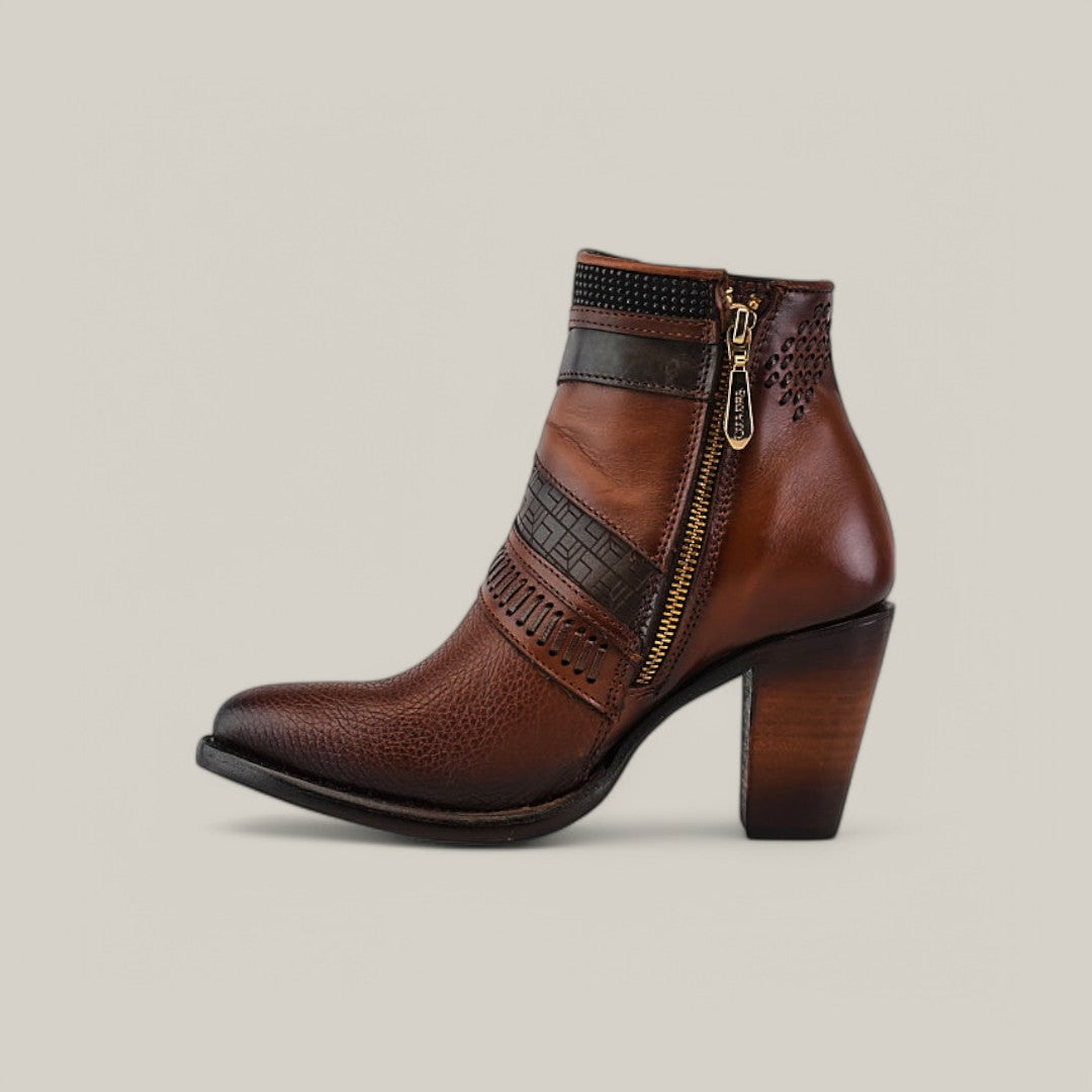 Introducing the Honey Laser & Woven - Round Toe - CU619: elegant brown leather ankle boots with decorative patterns, a side zipper, and a sturdy block heel. Textured and smooth leather sections feature a dark band and intricate perforations near the ankle for added flair.