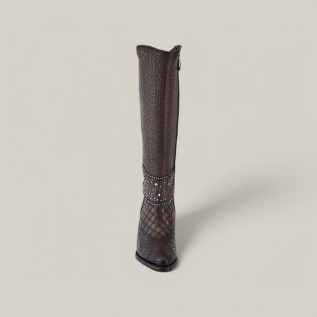 A single tall brown leather boot with embroidery and studs, round toe design, and decorative band accents around the ankle. Background is plain light gray. Product: Black/Brown Embroidery & Studs - Round Toe - CU584.