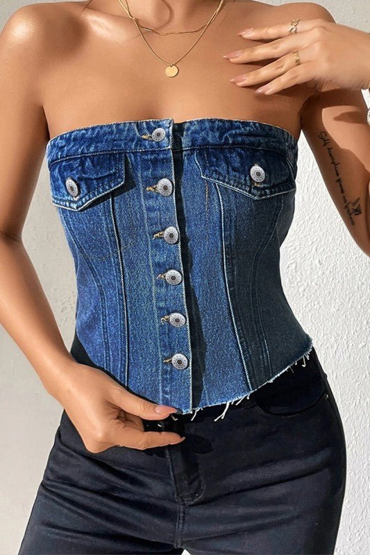 Demin Western Button-Up Crop Bustier - Gomez Western Wear