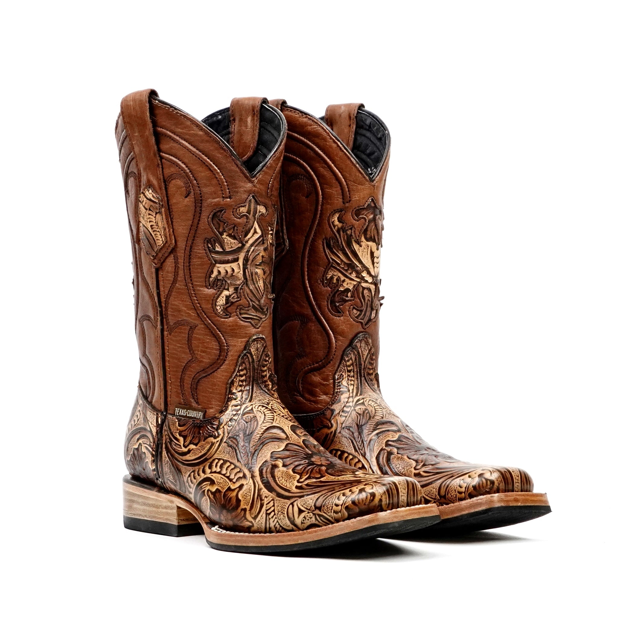 MOTO　side lace boots　プレーントゥ　アンティークブラウン Hand-Tooled Floral Orix Boots - Embossed Leather - Rodeo Toe (E696