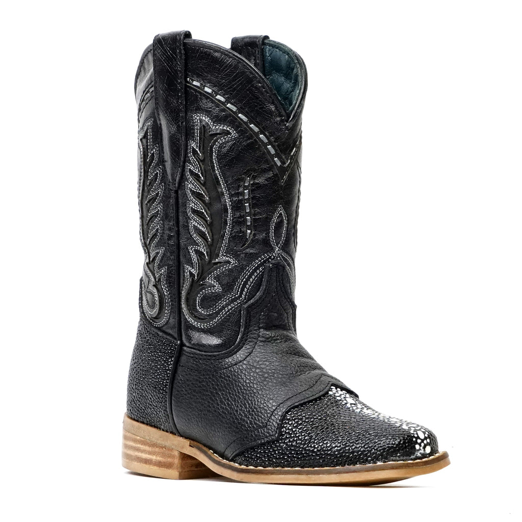 Kids Black Female Stingray Boots - Embossed Leather - Square Toe (K19-1) - Gomez Western Wear