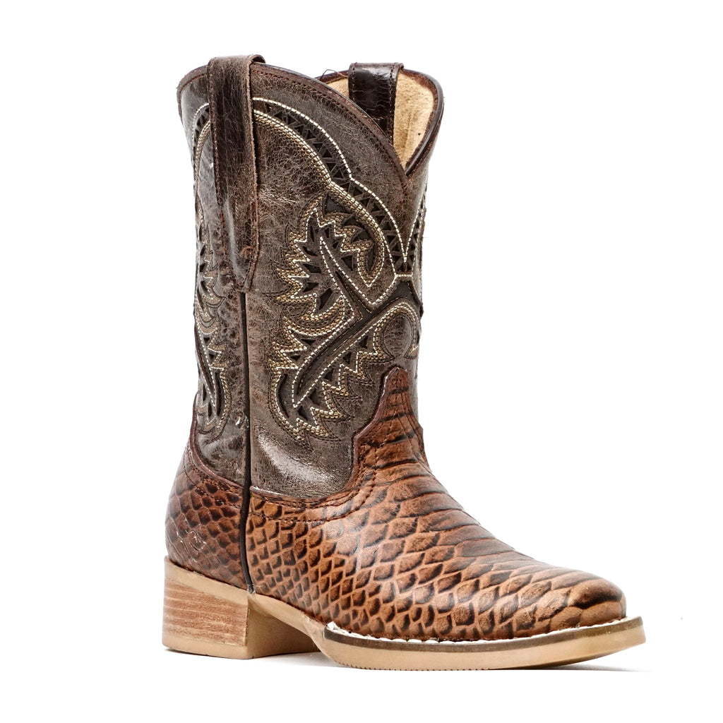 Kids Python Choco Boots - Embossed Leather - Square Toe (K11-1) - Gomez Western Wear