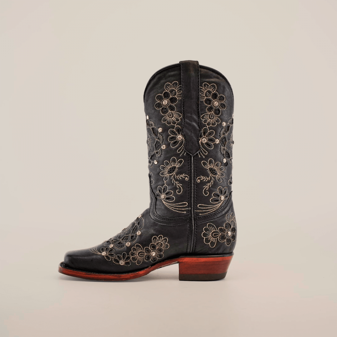 Liga - Black Mayan Flower Short Shaft Boots - Narrow Square Toe (E328) - Gomez Western Wear