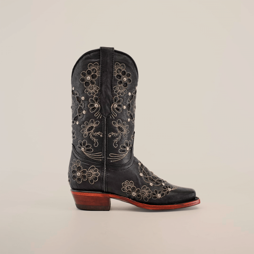 Liga - Black Mayan Flower Short Shaft Boots - Narrow Square Toe (E328) - Gomez Western Wear