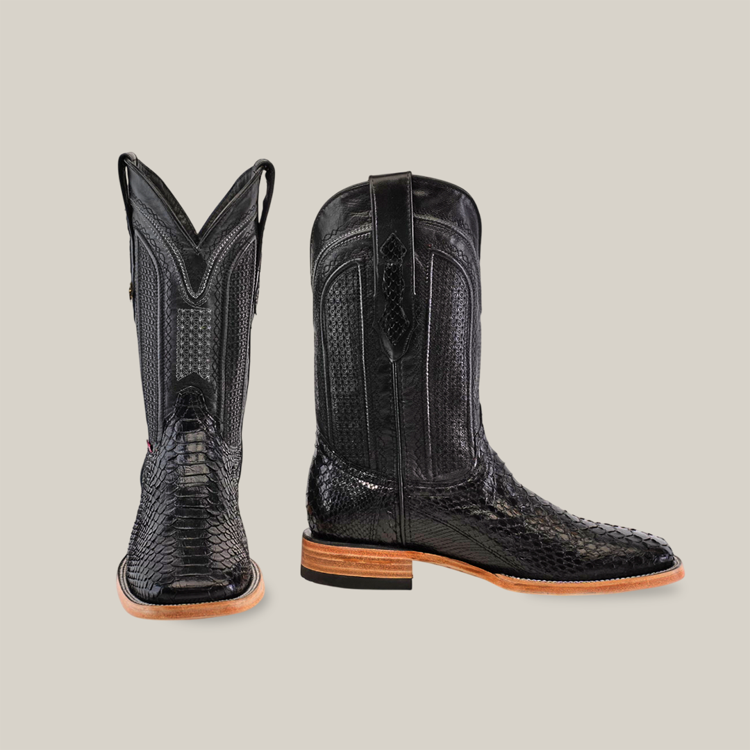 Exotic Python - Black - Square Toe boots displayed on a plain background, with the left boot shown from the front and the right from the side, highlighting their square toe, intricate textured pattern, and wooden heel crafted from genuine python leather.