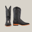 The Exotic Stingray - Black - Square Toe cowboy boots feature textured detailing and wooden soles. One boot is positioned to show its square toe, while the other highlights the shaft and heel, both set against a plain background.