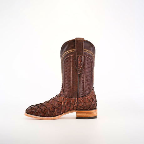 The Exotic Piraruco Fish boot in matte brown features detailed stitching and a square toe, set against a plain white background.