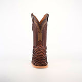 Front view of an Exotic Piraruco Fish boot, Matte Brown with a square toe, showcasing intricate stitching and textured pattern, set against a plain white background.