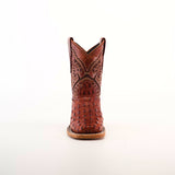 Front view of the Caiman Hornback Print Cogñac Square Toe boot with intricate stitching and textured leather, positioned upright against a plain white background.