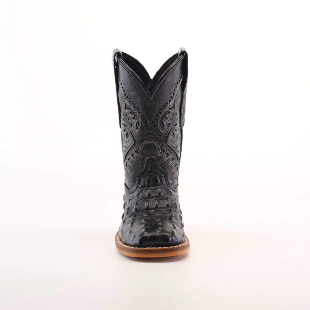 A front view of the Caiman Hornback Print Black Square Toe boot showcases its meticulously handcrafted black leather with ornate stitching, against a plain white backdrop. It features a pointed toe, premium leather with Caiman Hornback print, complemented by a light brown sole and high shaft.