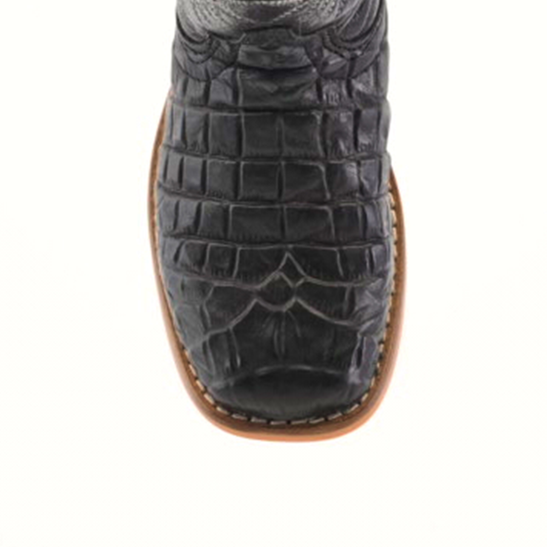 Close-up view of the toe of a Caiman Belly Print Black Square Toe boot, showcasing visible stitching along the edge, ideal for young cowboy enthusiasts, set against a white background.