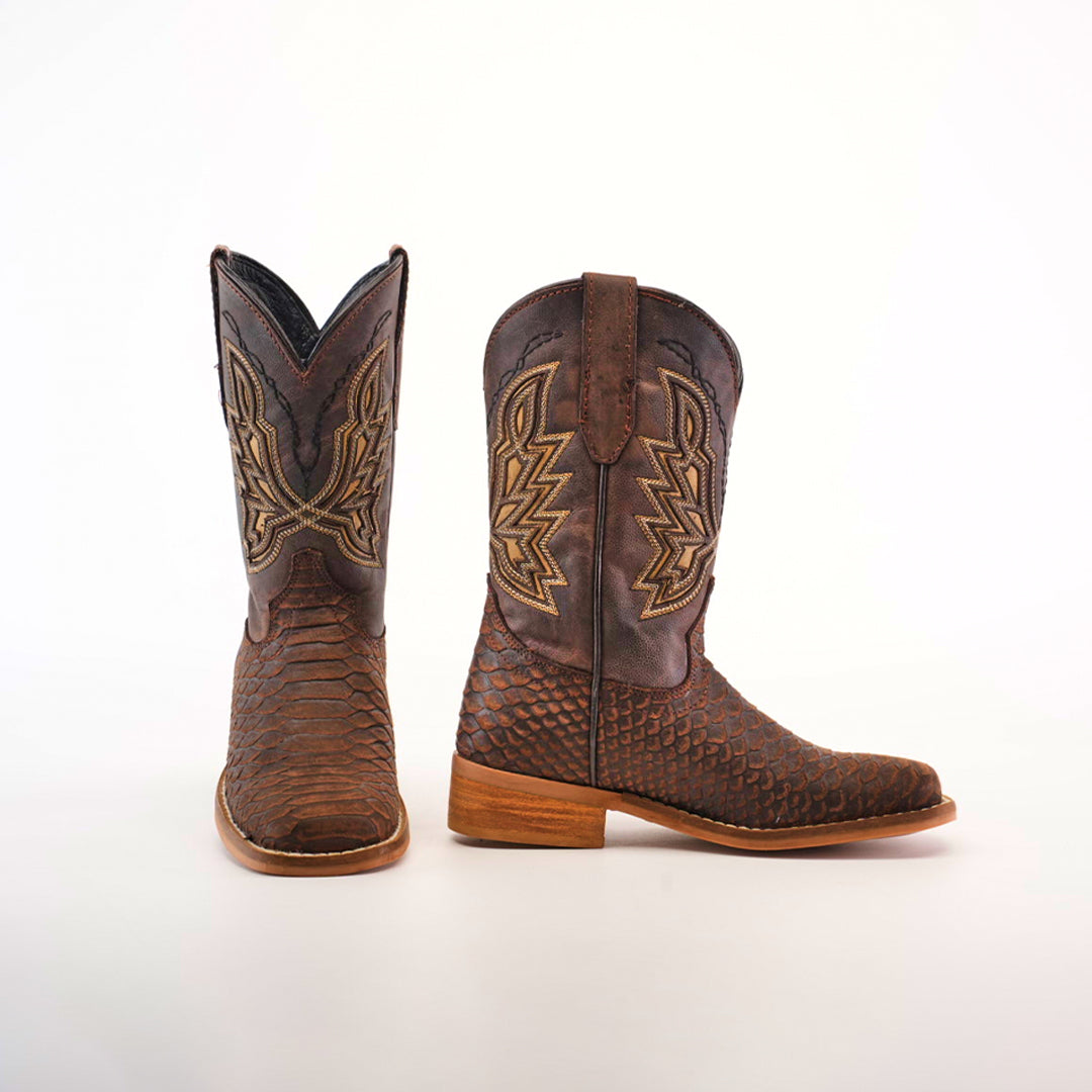 A pair of Python Print Matte Brown Square Toe cowboy boots features decorative stitching on a white background. One boot stands forward while the other slightly angles to the side, highlighting the detailed design on the upper shaft.