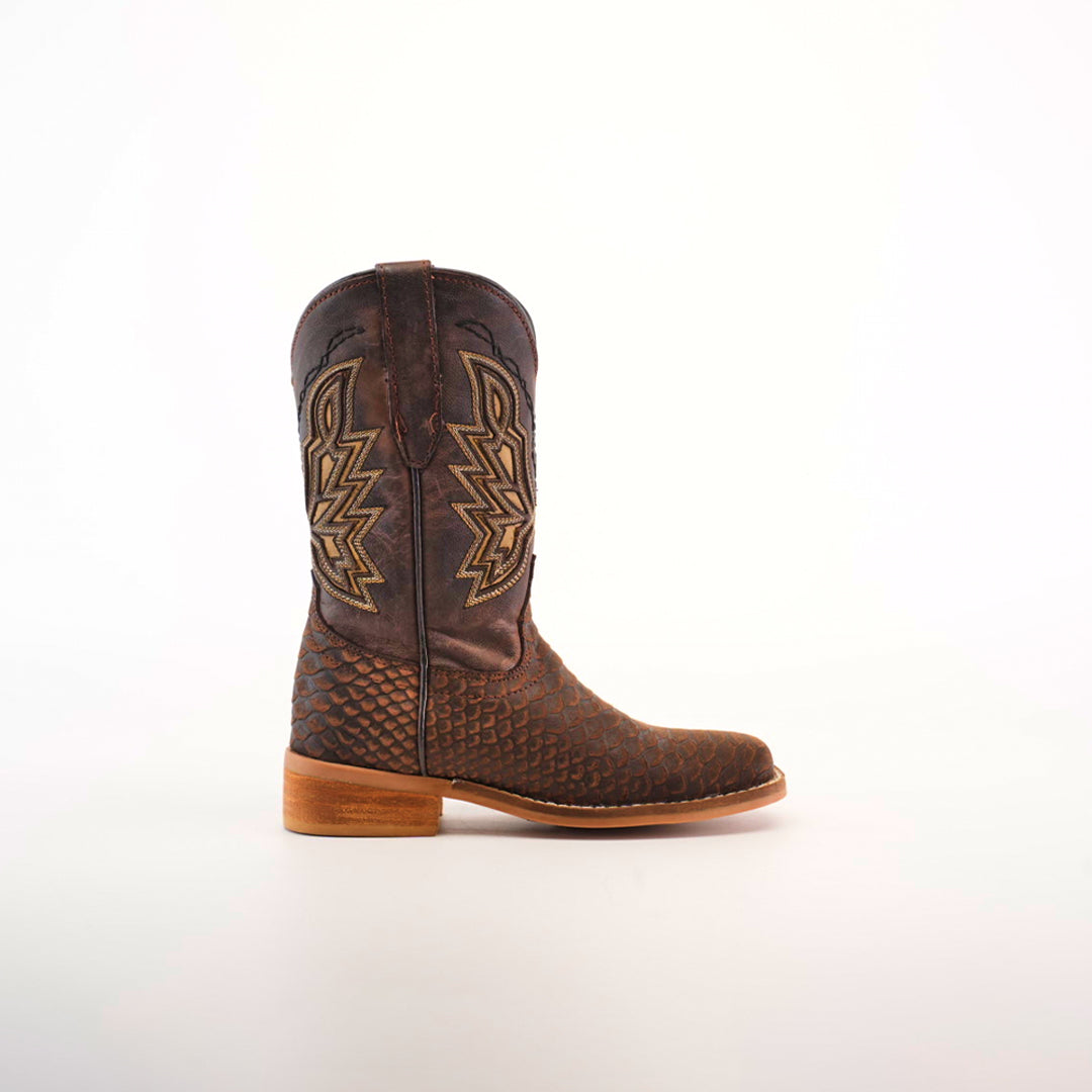 Introducing the Python Print Matte Brown Square Toe, a sophisticated cowboy boot made from luxurious cowhide leather. With an intricate textured pattern, yellow stitching on a tall shaft, and a wooden heel and sole, this boot stands out against its plain white background.