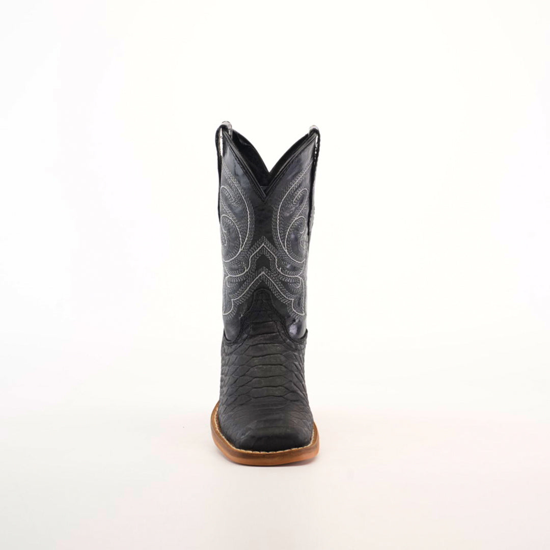 The Python Print Matte Black Square Toe is a black cowboy boot with decorative stitching on the shaft, crafted from cowhide leather. It features a textured look and a brown sole, centered on a plain white background.