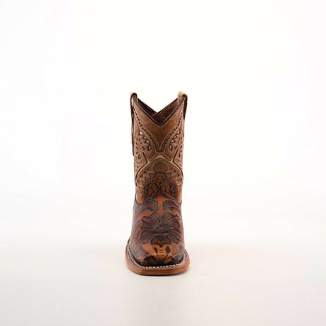 Front view of a single Handtooled Leave Orix Square Toe cowboy boot in brown cowhide leather, featuring intricate stitching and floral patterns, set against a plain white background.