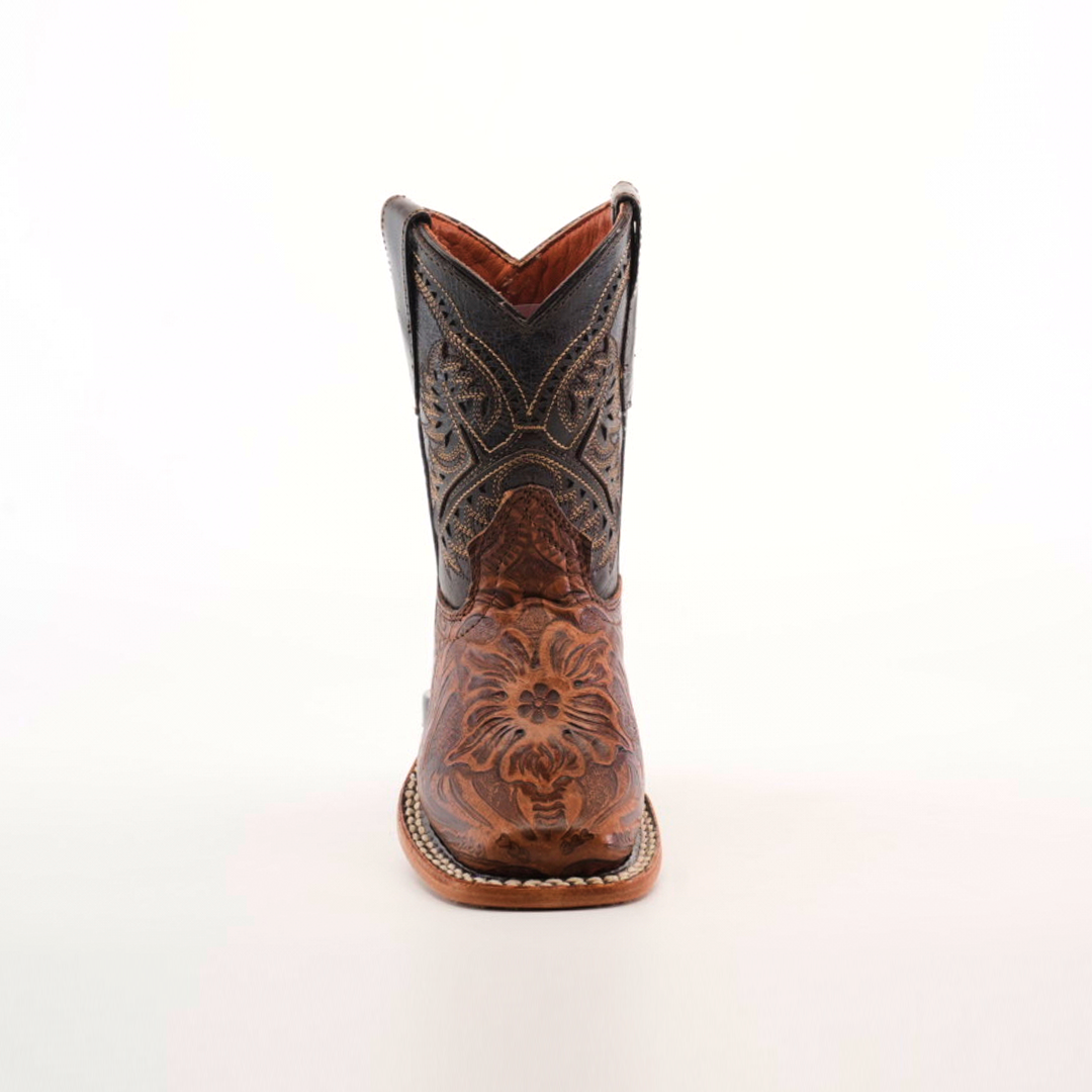 Front view of the Handtooled Leave Brown Square Toe boot, crafted from premium cowhide leather with intricate floral embroidery and decorative stitching in Western style, set against a plain white background.