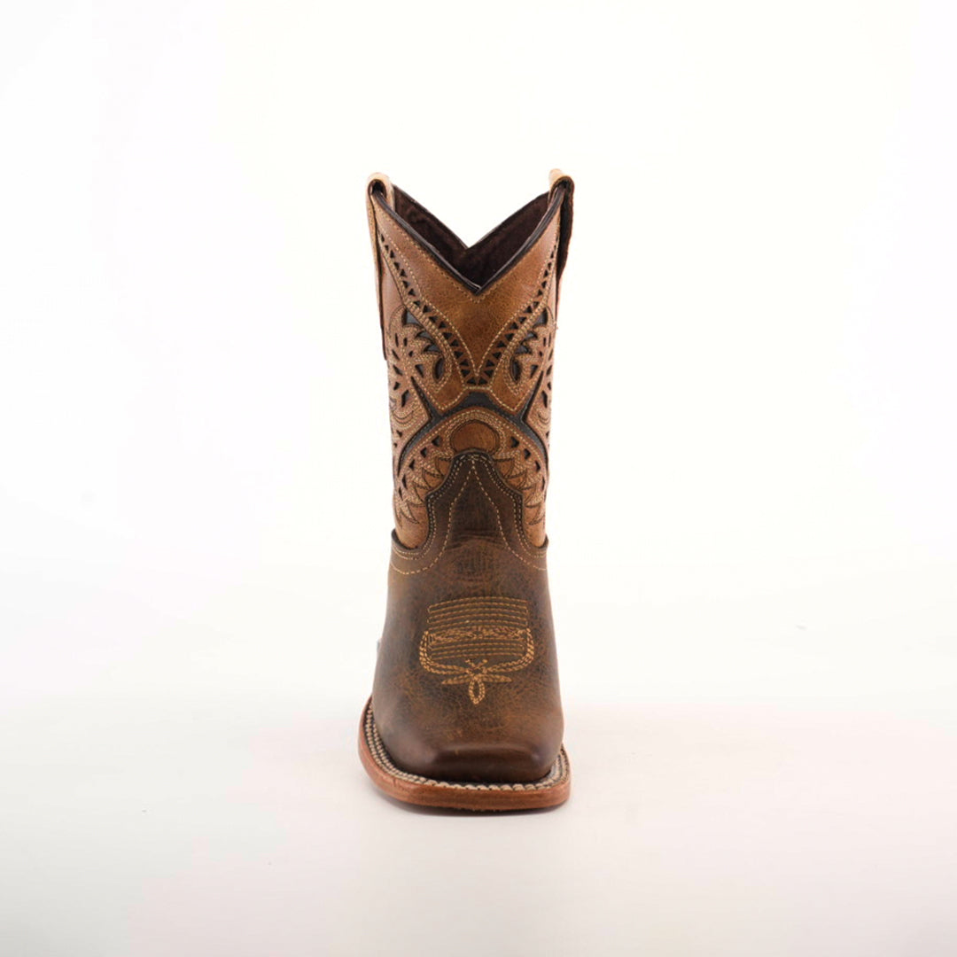 The Azkar Tan Square Toe is a single brown cowboy boot made from cowhide leather, featuring intricate stitching and decorative patterns on its upper shaft against a plain white background.