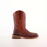 The Cheyenne Shedron Square Toe boot has intricate shaft stitching, a sturdy heel, and a textured brown leather surface made from genuine cowhide. Displayed against a plain white background, it epitomizes classic western footwear style.